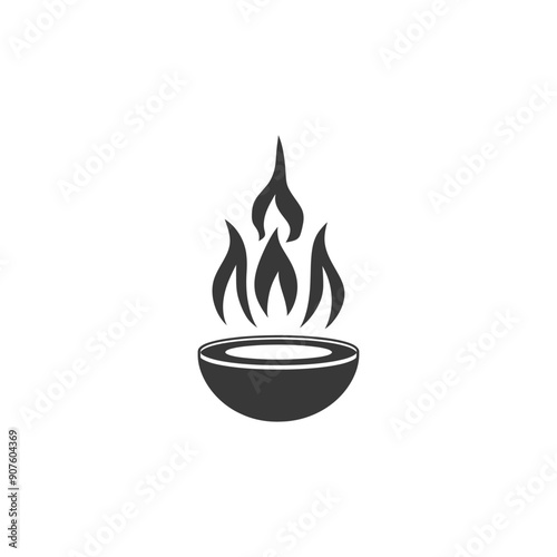 A black and white illustration of a bowl with flames emanating from it