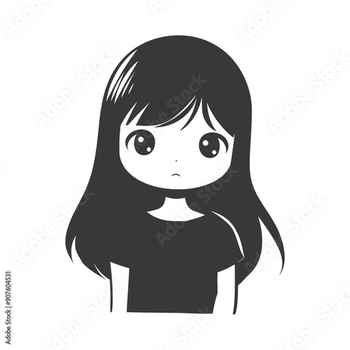 A black and white illustration of an anime girl with long hair