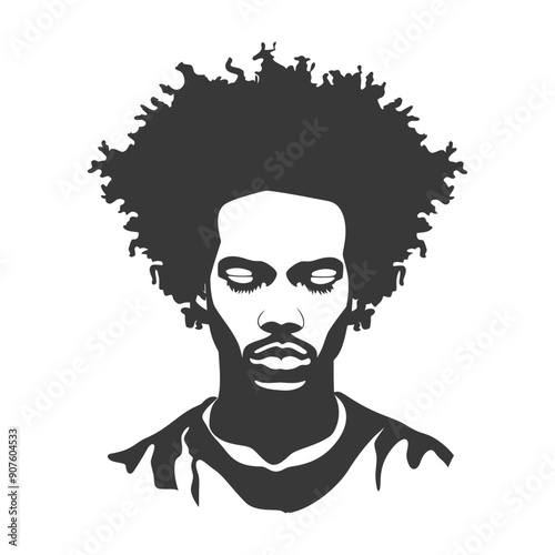 A black and white illustration of a man with an afro