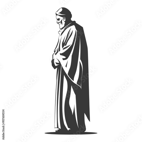 A Black and White Illustration of an Elderly Man in a Robe Praying