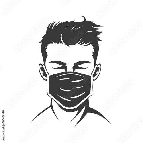 A black and white illustration of a man wearing a face mask
