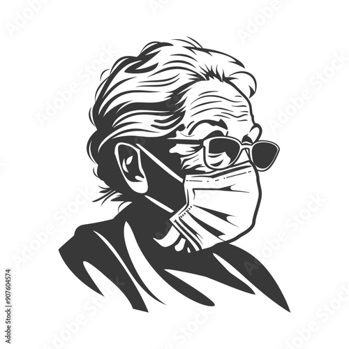 A black and white illustration of an elderly woman wearing a face mask and sunglasses