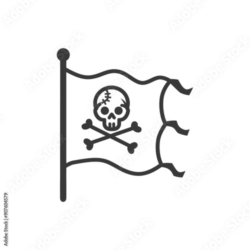 A black and white illustration of a pirate flag with a skull and crossbones