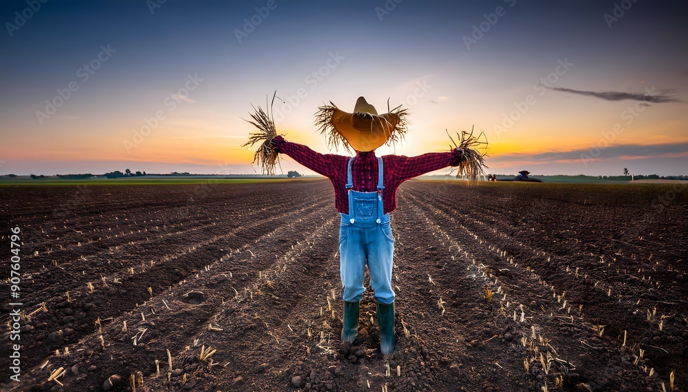 Fototapeta premium Scarecrow in the field at sunset