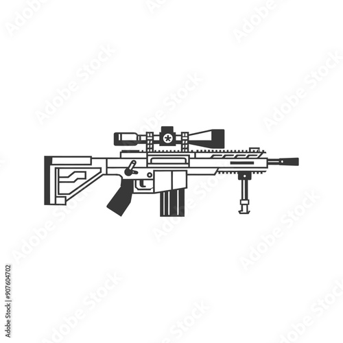 A black and white illustration of a sniper rifle with a scope