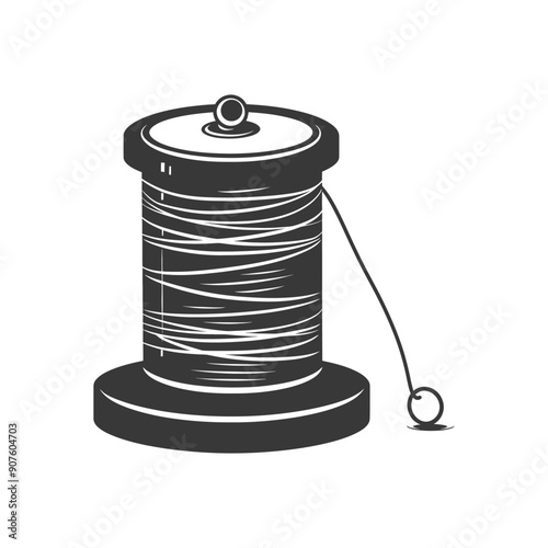 A black and white illustration of a spool of thread