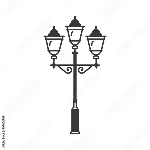 A black and white illustration of a street lamp with three lights