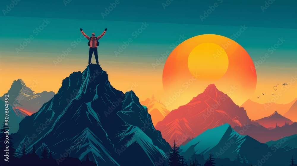 Cartoon vector individual standing on top of a mountain with arms raised Cartoon vector individual standing on top of a mountain with arms raised