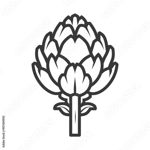 A black and white line art illustration of an artichoke