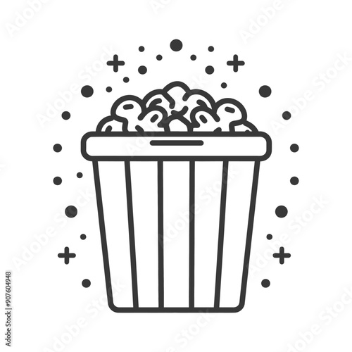 A Black and White Line Art Illustration of a Trash Can Filled with Crumpled Paper