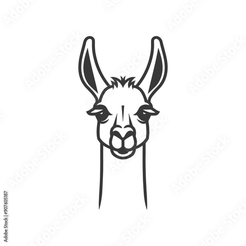 A black and white line drawing of a llamas head