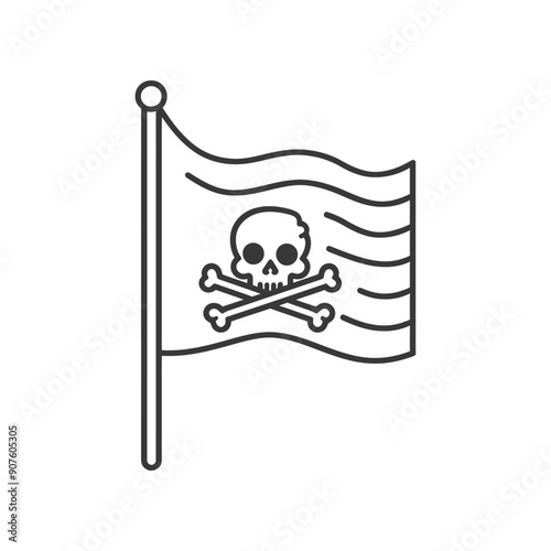 A black and white line drawing of a pirate flag with a skull and crossbones