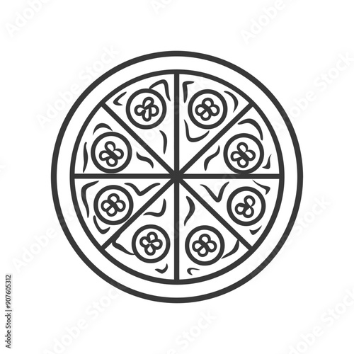 A black and white line drawing of a pizza with eight slices