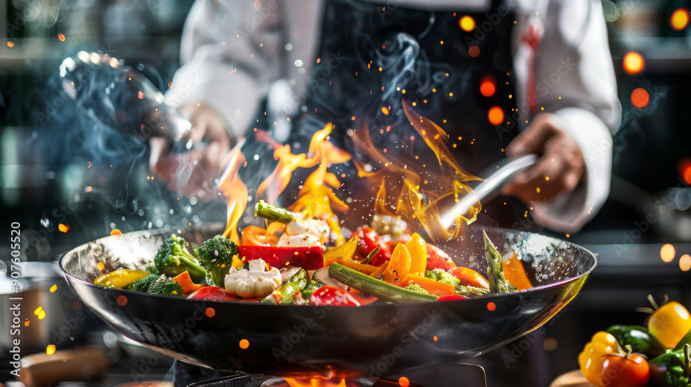 A chef is cooking vegetables in a wok with a lot of smoke and fire