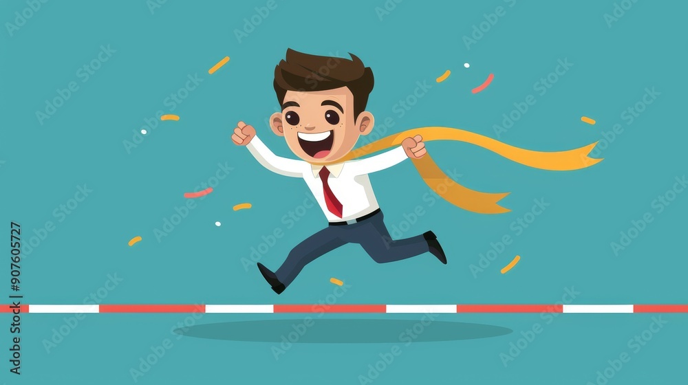 Cartoon vector businessperson crossing the finish line in a race to success Cartoon vector businessperson crossing the finish line in a race to success