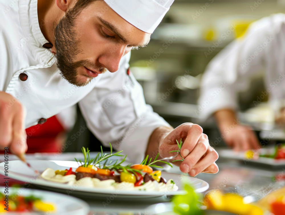 A chef is preparing a plate of food with a garnish A chef is preparing a plate of food with a garnish