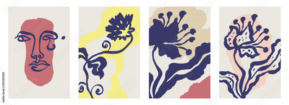 Obraz premium Posters or cards set with ink brush abstract flower sketch and grungy organic shapes. Black silhouettes of minimalist doodle floral elements and geometric designs compositions bundle
