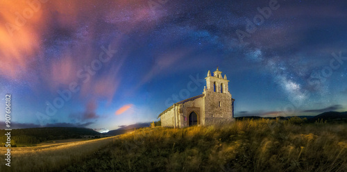 Canvas Print Night view of the church of San Miguel Arcangel in Villacibio, Palencia, with th