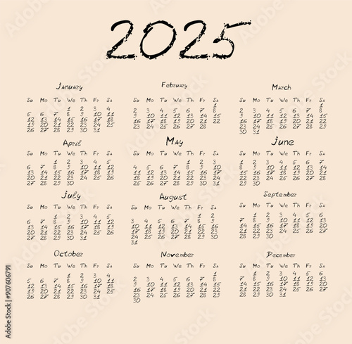 2025 calendar hand written for concept design. Vector template. Isolated vector illustration.