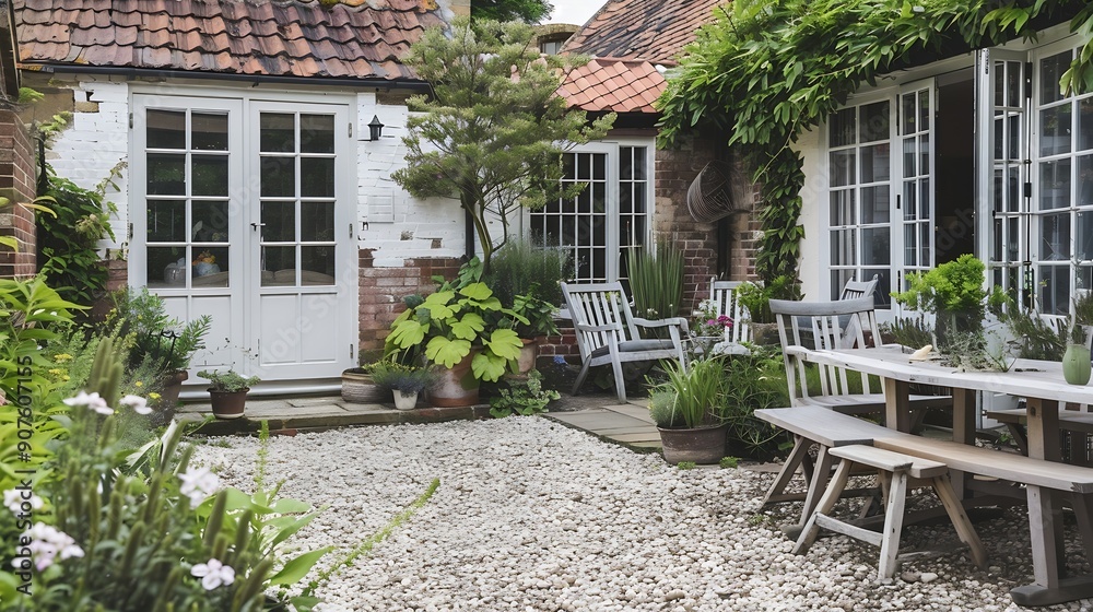 UK house and garden with patio and French doors Cottage or courtyard garden backyard with gravel and York stone paving : Generative AI UK house and garden with patio and French doors Cottage or courtyard garden backyard with gravel and York stone paving : Generative AI