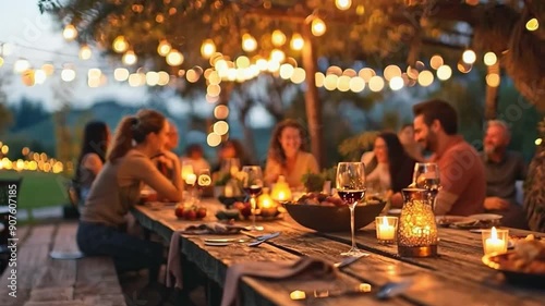 A multicultural group of friends having a summer barbecue supper party on their patio
