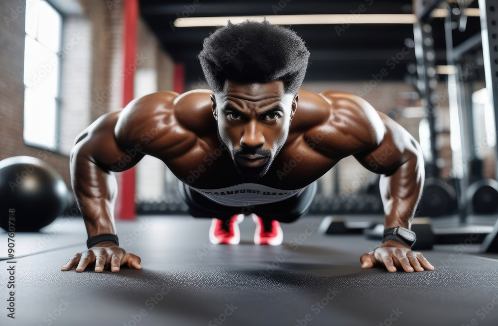 black bodybuilder performing pushups in gym. endurance and muscle training black bodybuilder performing pushups in gym. endurance and muscle training