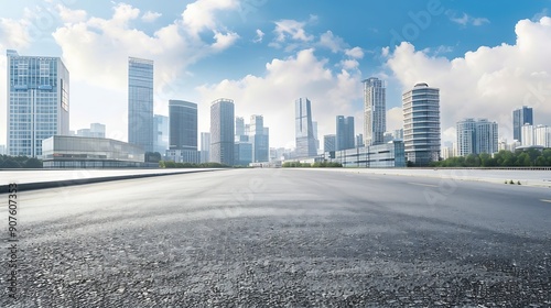 Empty asphalt road and city buildings skyline : Generative AI photo