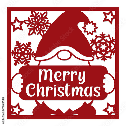 Merry Christmas card with Gnome, template for laser cutting.