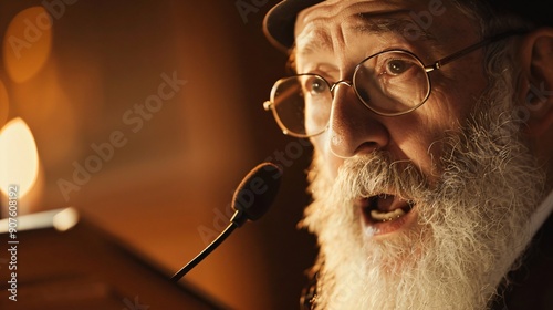 Rabbi Delivering a Sermon During Yom Kippur, Close-Up of the Rabbi’s Expressive Face photo