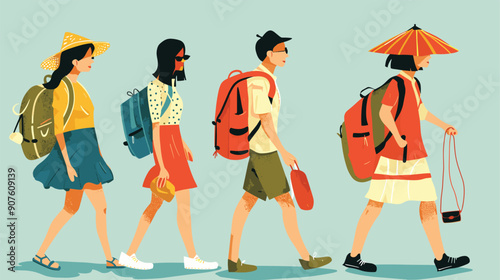 Four people, two women, two men, wearing colorful casual clothing, parade line, carrying backpacks hats, seem be outdoor travelers tourists, gearing up trek adventure summertime, minimalist