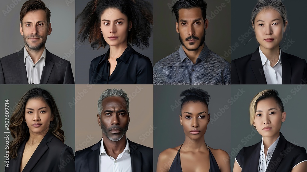 Collage of portraits of an ethnically diverse and mixed age group of focused business professionals : Generative AI Collage of portraits of an ethnically diverse and mixed age group of focused business professionals : Generative AI