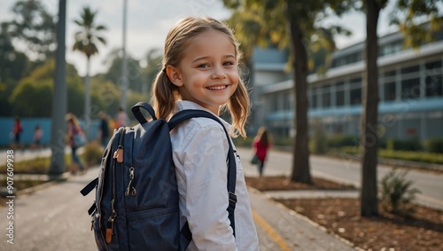 Happy schoolgirl with backpack posing on sunny street © Heruvim