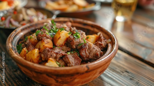 travel to Georgia  portion of Ojakhuri Georgian dish fried meat with potatoes closeup in bowl on wooden table in local cafe in Batumi city : Generative AI photo