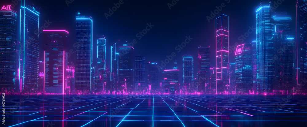 A Futuristic Cityscape with Glowing Skyscrapers and Hovercraft A Futuristic Cityscape with Glowing Skyscrapers and Hovercraft
