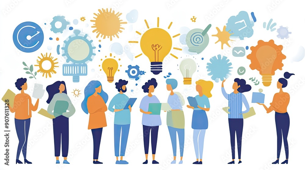 Group of diverse people sharing innovative ideas with light bulbs and gears, symbolizing creativity and teamwork in a vibrant setting. Group of diverse people sharing innovative ideas with light bulbs and gears, symbolizing creativity and teamwork in a vibrant setting.