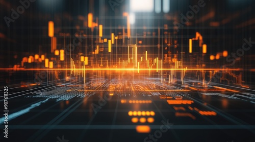 Wallpaper Mural Dynamic financial chart with glowing orange data lines and digital interface showcasing market trends and statistics. Torontodigital.ca