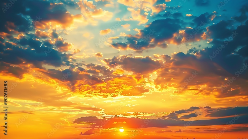Fototapeta premium Sunset Sky cloud in the Morning Sunrise with Orange Yellow Golden Hour Sunrise on Summer season Horizon Dusk Sky Dramatic Nature Background : Generative AI