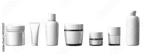 A set of different white cosmetic bottles and jars isolated on transparent background