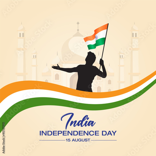 A person holds the Indian flag with India15 August and Independence Day text The background features the Taj Mahal in white with a wavy line in saffron white and green representing the India   photo