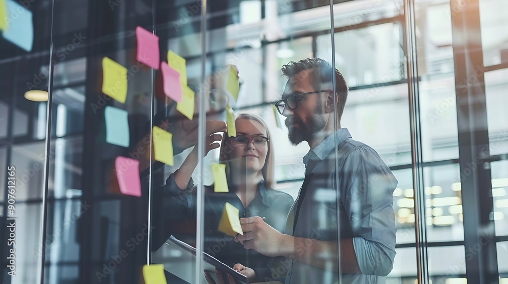 Two caucasian coworkers writing details about new marketing strategy on sticky notes over a glass wall : Generative AI Two caucasian coworkers writing details about new marketing strategy on sticky notes over a glass wall : Generative AI
