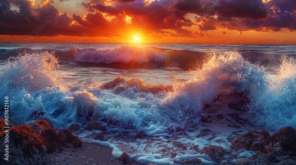 Fototapeta premium The sun setting behind waves crashing onto a rocky shore
