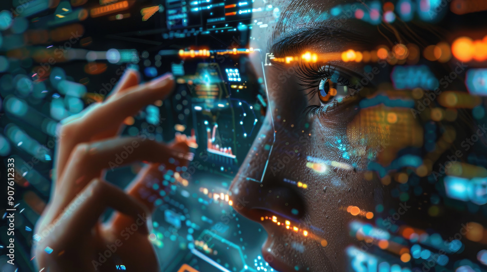 Futuristic Woman Interacting with Digital Interface, Data Visualization, and Advanced Technology