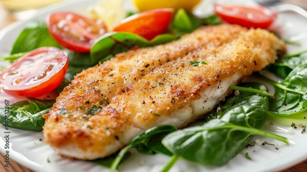 Crispy Breaded Fish Fillet Served with Fresh Spinach Salad - Delicious Seafood Dish Crispy Breaded Fish Fillet Served with Fresh Spinach Salad - Delicious Seafood Dish