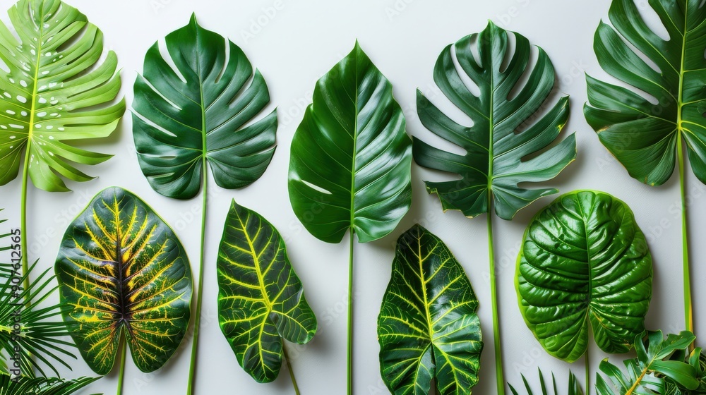 High-resolution image of diverse tropical leaves against a white backdrop, showcasing the variety and intricate patterns of each leaf High-resolution image of diverse tropical leaves against a white backdrop, showcasing the variety and intricate patterns of each leaf