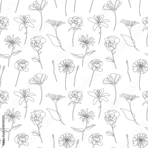 Seamless pattern with hand drawn flowers. Abstract floral background.