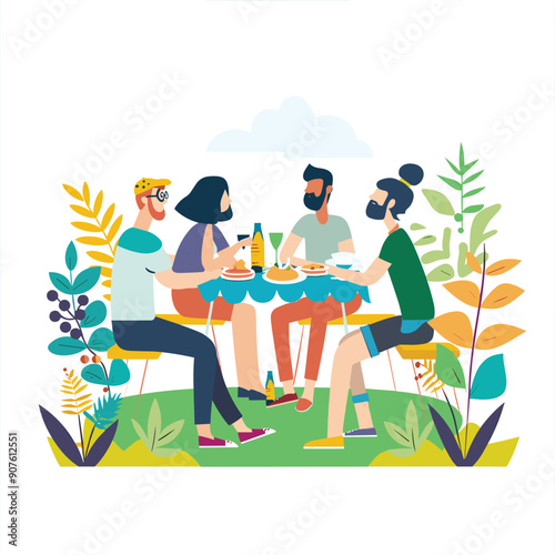 Group four young adults outdoors sharing meal, enjoying picnic family friends having light conversation. Different ethnicity mixed genders casual summer clothing sitting around table food. Flat