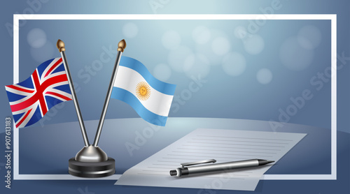 United Kingdom and Argentina Small national flag on bokeh background, cooperative relationship