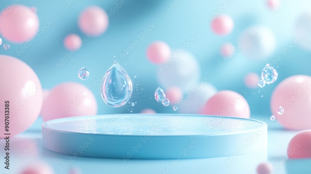 3D holographic color podium stand with bubble in the air on color background,Podium wall with studio light for mockup product display,cosmetic,beauty,showcase,copy space.