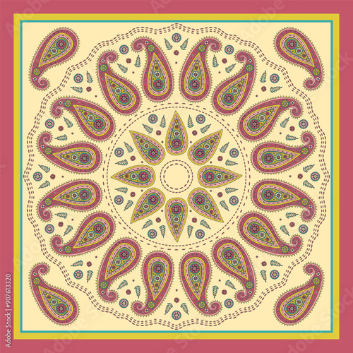 Scarf or bandana design with paisley mandala pattern and floral elements. Ethnic carpet design.