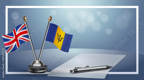 United Kingdom and Barbados Small national flag on bokeh background, cooperative relationship
